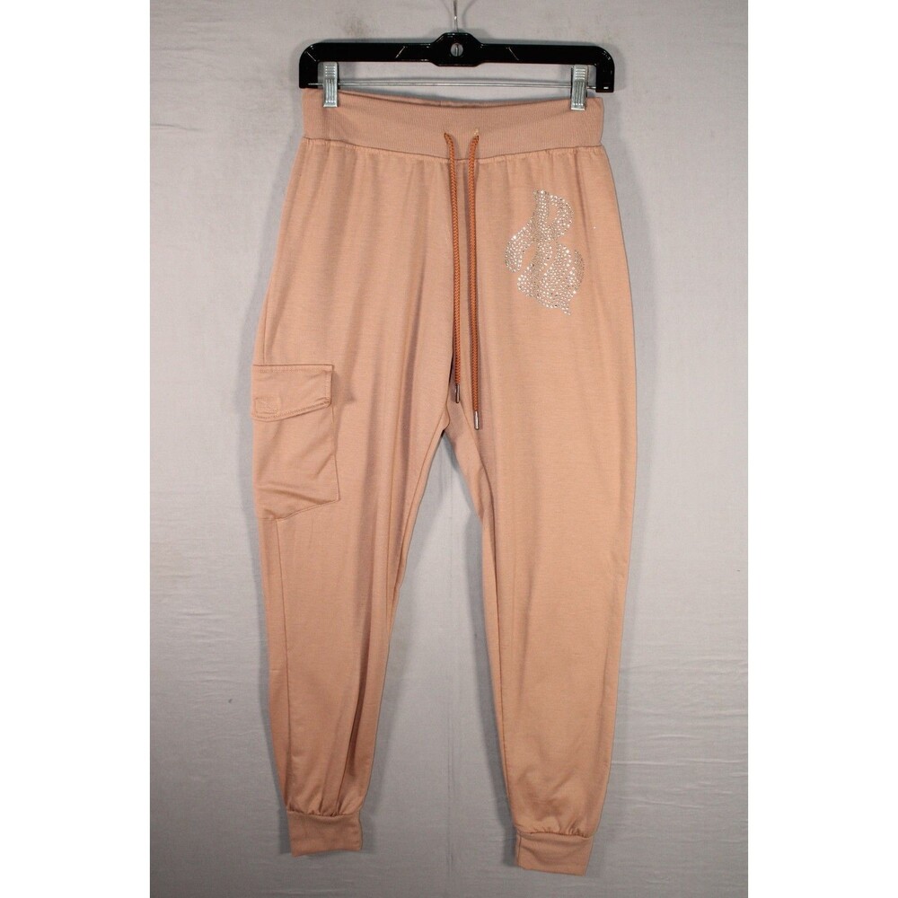 Rocawear Womens M Rose Gold Cargo Joggers Rhinestone Logo Sweatpants Pants Soft